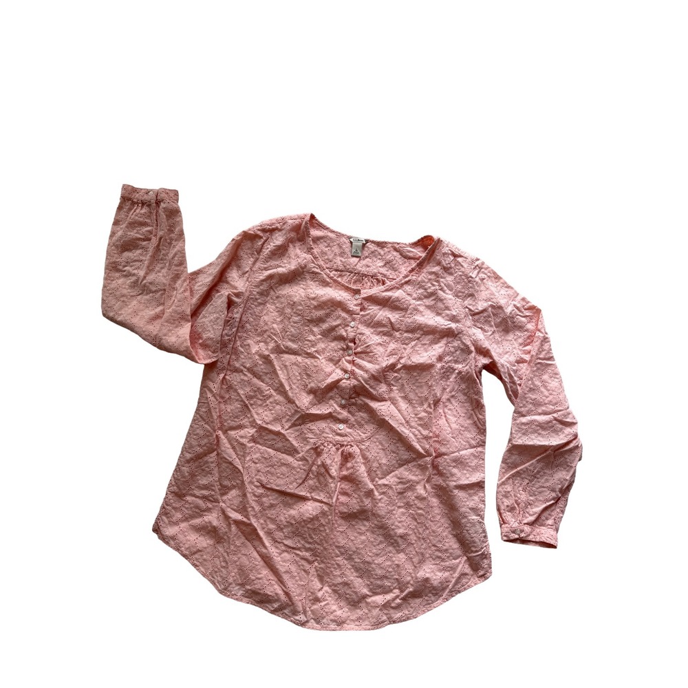 L.L.Bean Coral Pink Eyelet Peasant Top Large Cotton Boho Casual Chic Button Wmn
